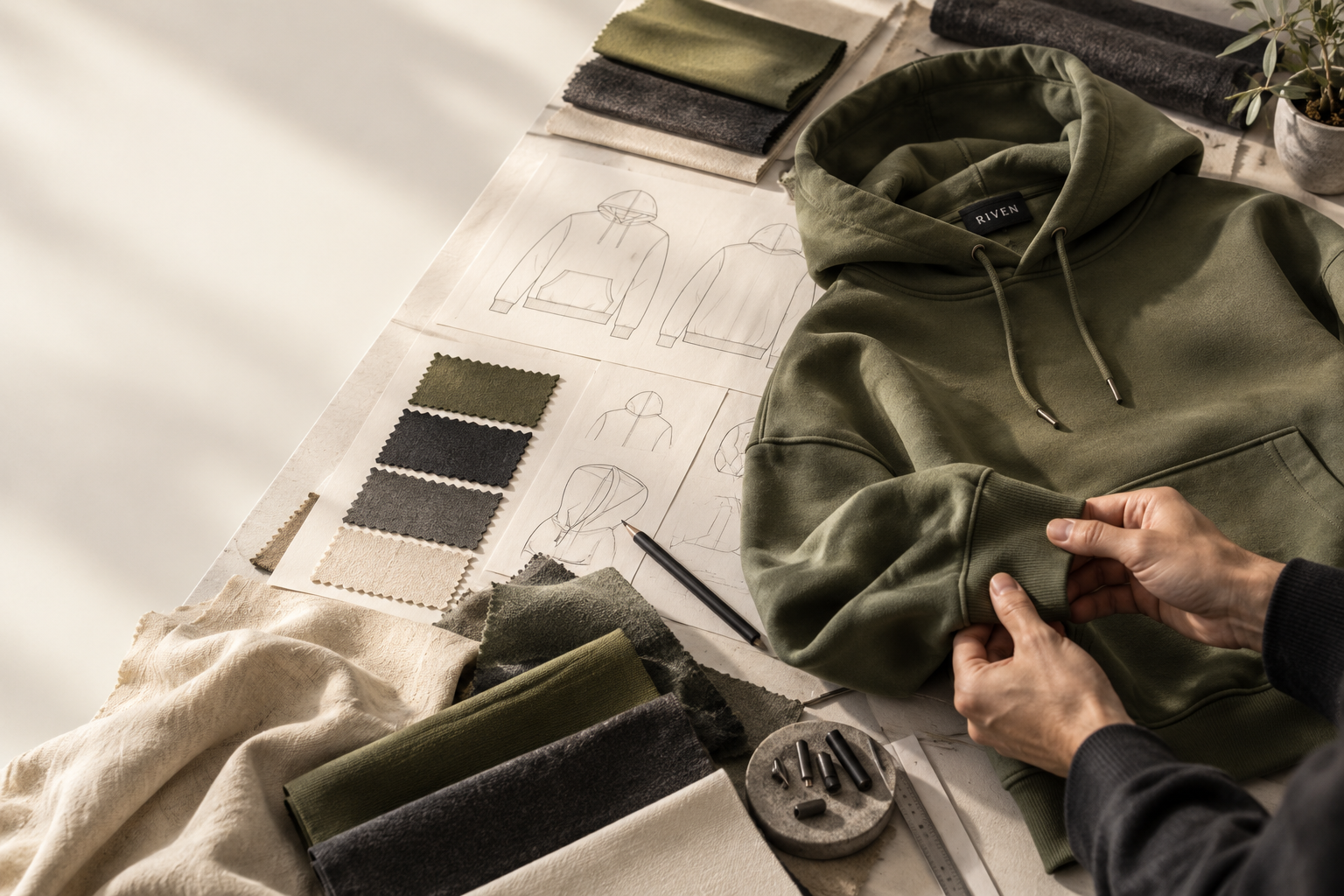 Olive hoodie, garment technical drawings, and fabric samples during apparel development
